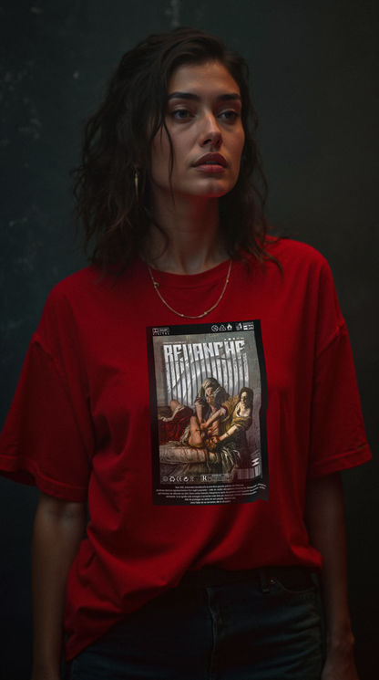 Femme portant le t-shirt REVANCHE rouge oversize avec imprimé graphique, vue de face