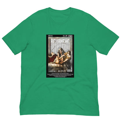 Mockup du t-shirt REVANCHE vert kelly avec imprimé graphique, vue de face sur fond blanc