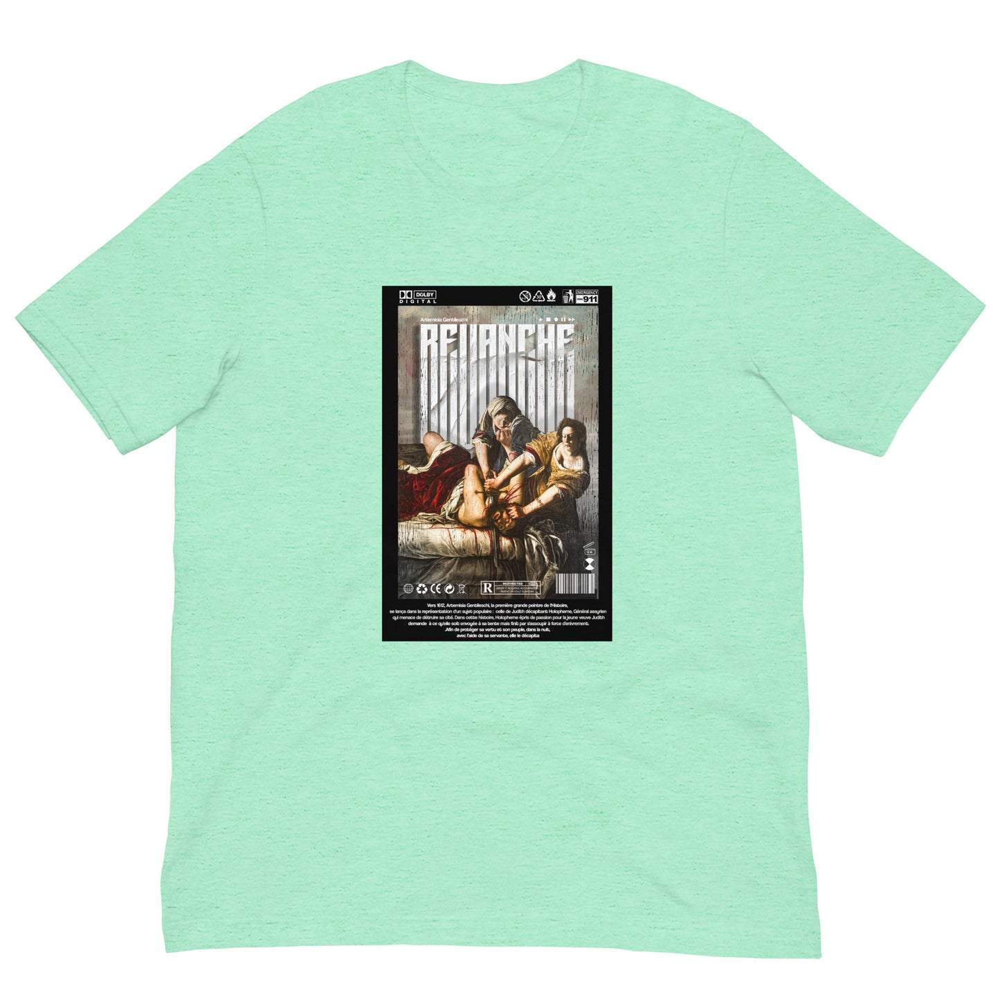 Mockup du t-shirt REVANCHE vert menthe avec imprimé graphique, vue de face sur fond blanc