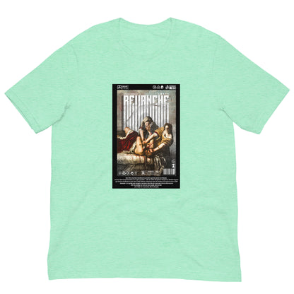 Mockup du t-shirt REVANCHE vert menthe avec imprimé graphique, vue de face sur fond blanc
