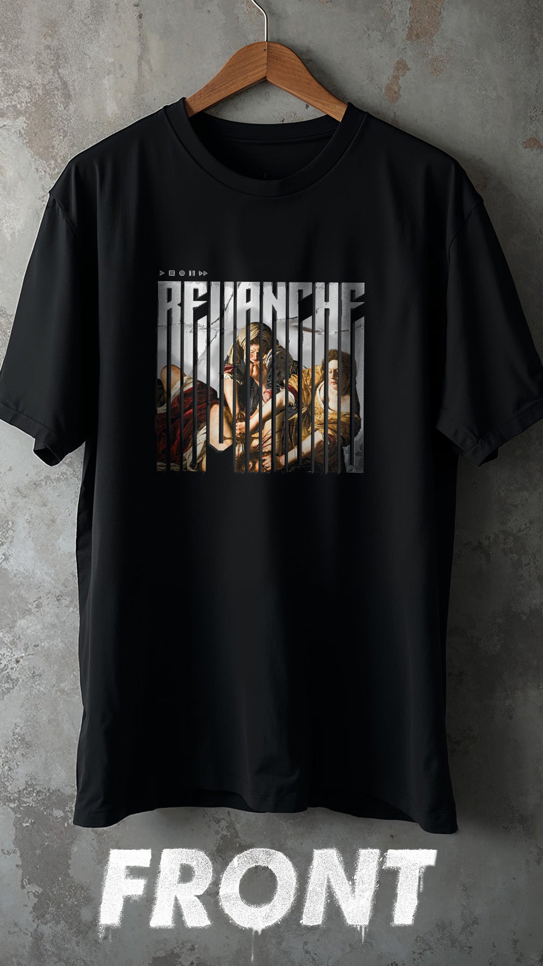 T-shirt noir Revenge recto-Inspiré du tableau d'Artemisia Gentileschi – Streetwear baroque brutaliste histoire féministe – Artwork Renaissance moderne – Designed by G-mag – PTN* de t-shirt