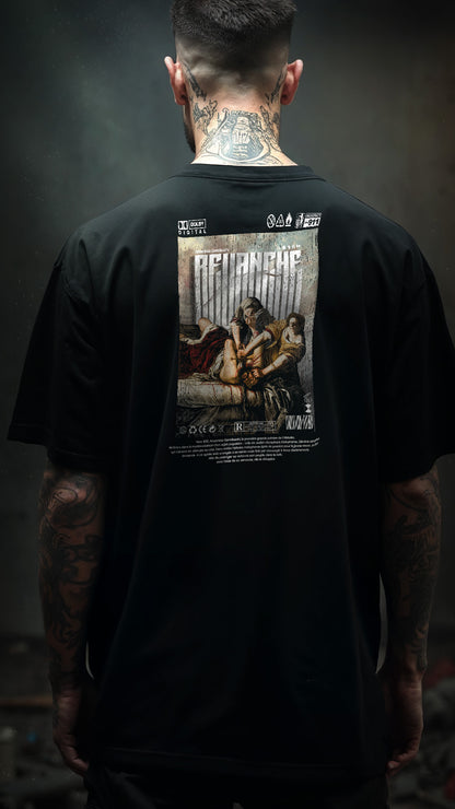 T-shirt noir Revenge verso Inspiré du tableau d'Artemisia Gentileschi  Streetwear baroque brutaliste histoire féministe Artwork Renaissance moderne porte par homme de dos Designed by G-mag – PTN* de t-shirt