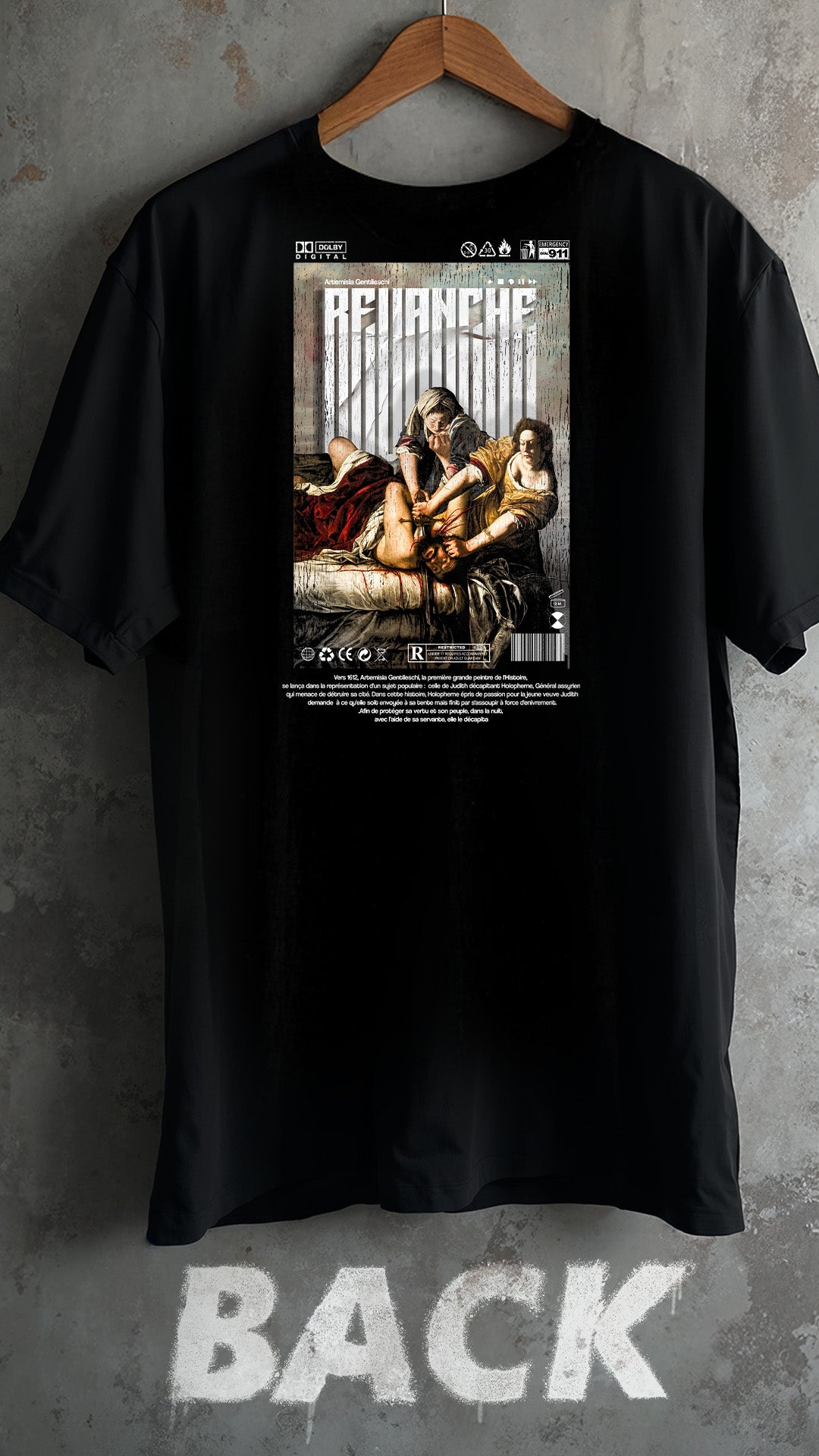 T-shirt noir Revenge - vue de dos verso Inspiré du tableau d'Artemisia Gentileschi – Streetwear baroque brutaliste histoire féministe – Artwork Renaissance moderne – Designed by G-mag – PTN* de t-shirt