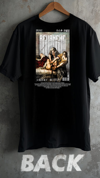 T-shirt noir Revenge - vue de dos verso Inspiré du tableau d'Artemisia Gentileschi – Streetwear baroque brutaliste histoire féministe – Artwork Renaissance moderne – Designed by G-mag – PTN* de t-shirt