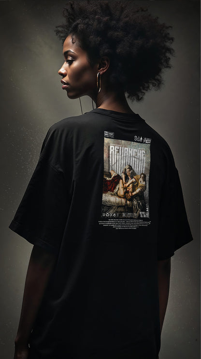 T-shirt noir Revenge verso Inspiré du tableau d'Artemisia Gentileschi  Streetwear baroque brutaliste histoire féministe Artwork Renaissance moderne porte par jeune femme de profil Designed by G-mag – PTN* de t-shirt