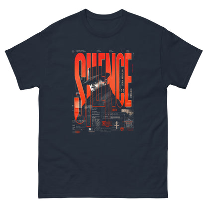 Vue de face t-shirt bleu marine print graphique Jean Moulin avec la police tall bold SILENCE en police rouge orange, streetwear G-MAJ