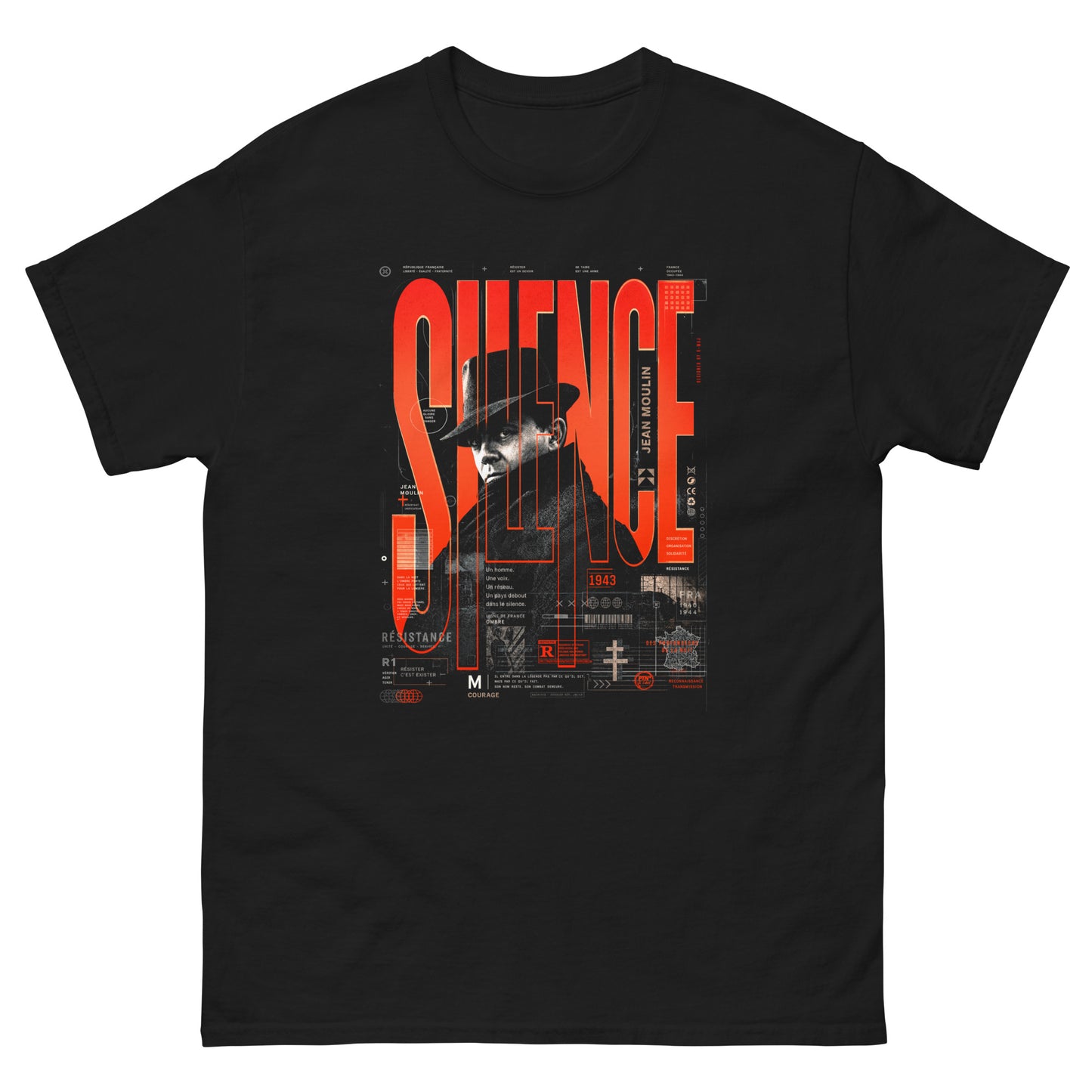 Vue de face t-shirt noir FUERZA RED - print graphique Jean Moulin avec la police tall bold SILENCE en police rouge orange, streetwear G-MAJ