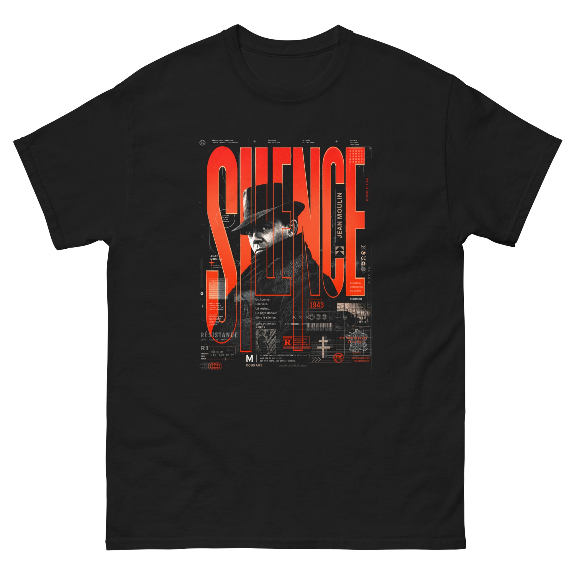 Vue de face t-shirt noir FUERZA RED - print graphique Jean Moulin avec la police tall bold SILENCE en police rouge orange, streetwear G-MAJ