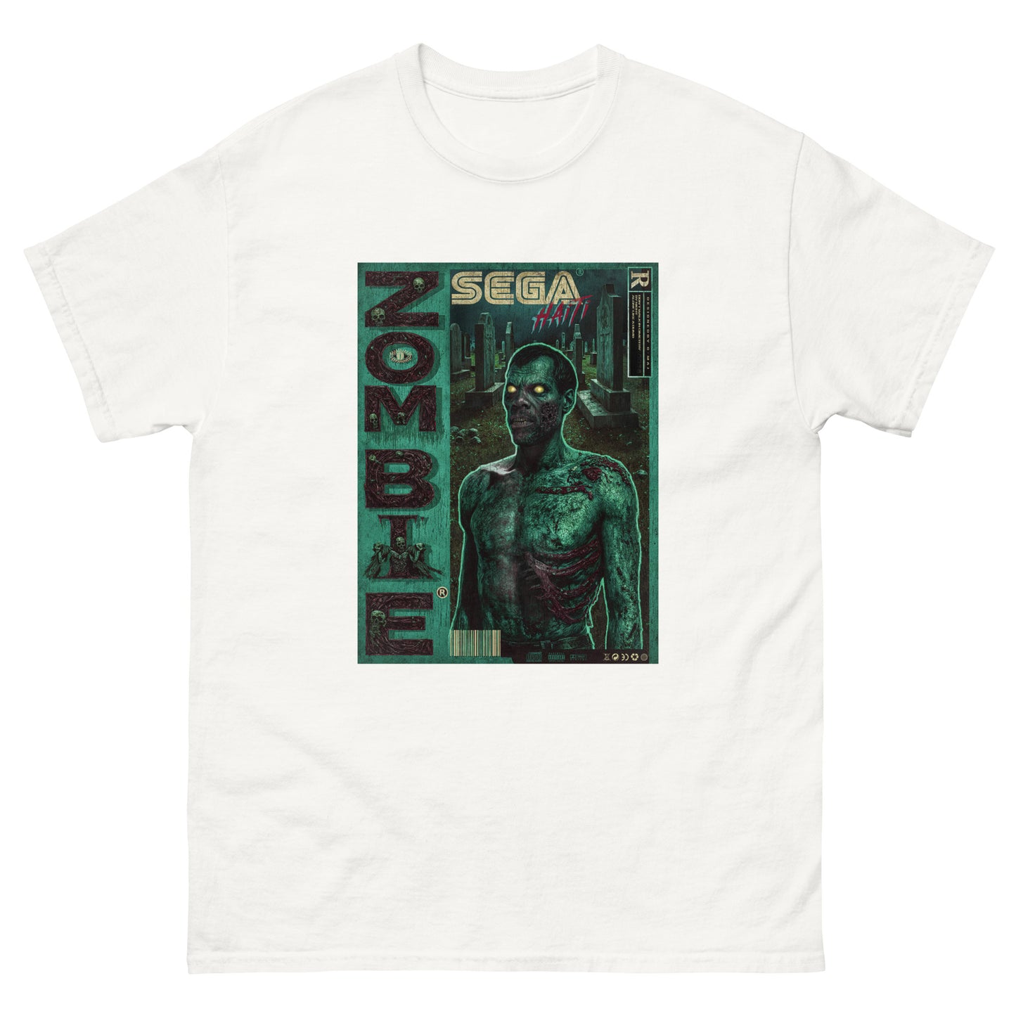 T-shirt blanc de face sur fond blanc Illustration style rétro gaming inspirée des boîtes Sega : un zombie torse nu aux yeux jaune lumineux, éclairé en néon vert, sur fond urbain sombre. Le mot ZOMBIE s'affiche verticalement à gauche, avec le logo SEGA HAÏTI en haut au centre.