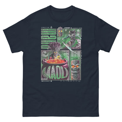 T-shirt bleu navy oversize MAOLI porté design brutaliste surf Hawaii culture Maoli hommage peuple hawaïen vague vert PTN DE T-SHIRT mockup sur fond blanc