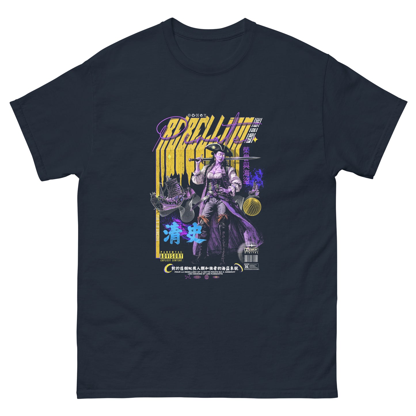 T-shirt oversize blue navy REBELLION jaune et violet sur fond blanc, design graphique femme guerrière pirate rebelle style streetwear