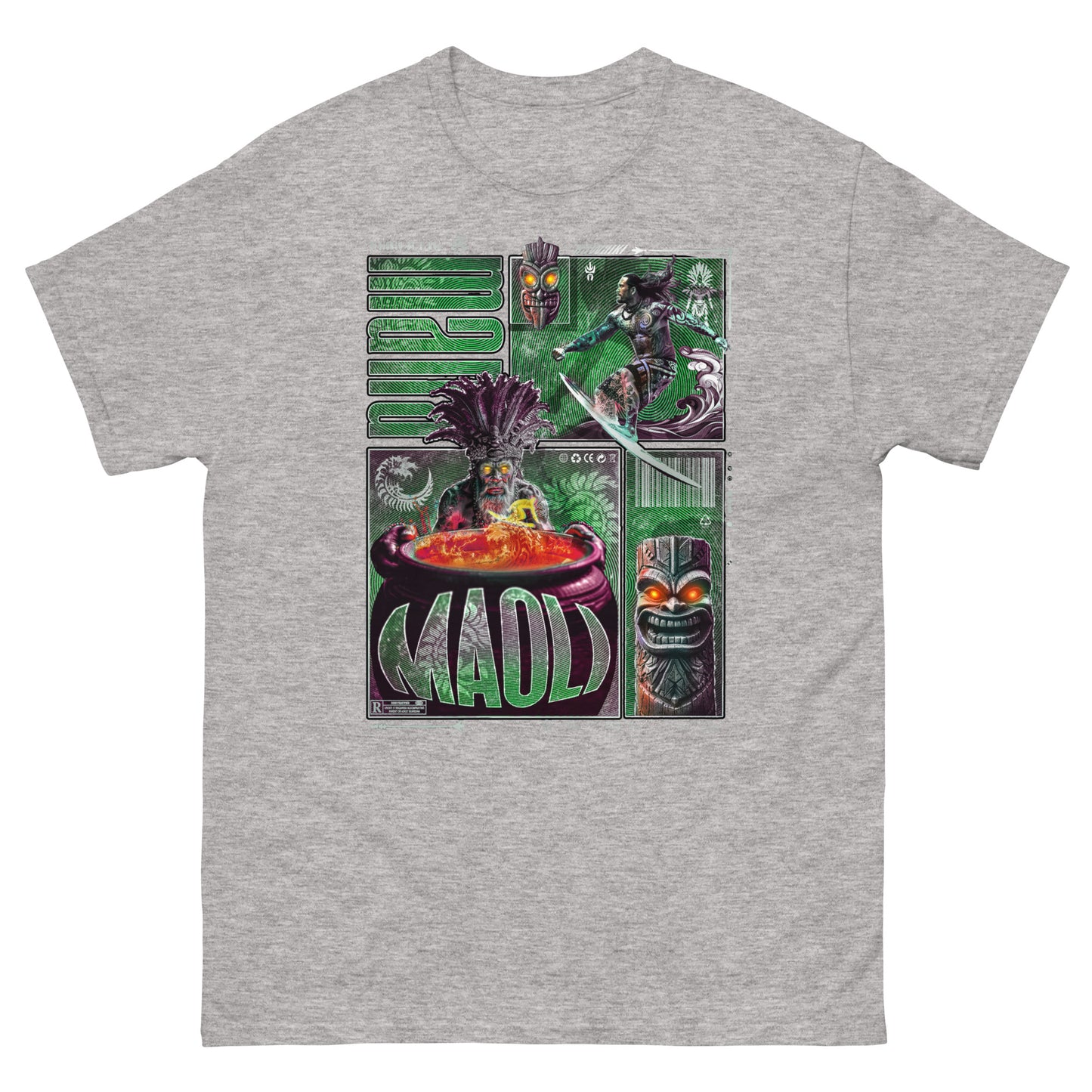 T-shirt gris clair oversize MAOLI porté design brutaliste surf Hawaii culture Maoli hommage peuple hawaïen vague vert PTN DE T-SHIRT mockup sur fond blanc