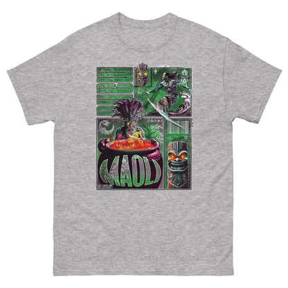 T-shirt gris clair oversize MAOLI porté design brutaliste surf Hawaii culture Maoli hommage peuple hawaïen vague vert PTN DE T-SHIRT mockup sur fond blanc
