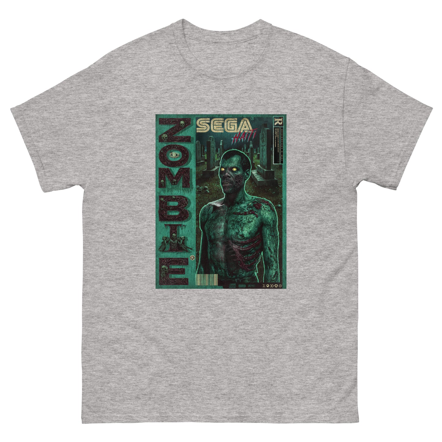 T-shirt gris de face sur fond blanc Illustration style rétro gaming inspirée des boîtes Sega : un zombie torse nu aux yeux jaunes lumineux, éclairé en néon vert, sur fond blanc. Le mot ZOMBIE s'affiche verticalement à gauche, avec le logo SEGA HAÏTI en haut au centre.