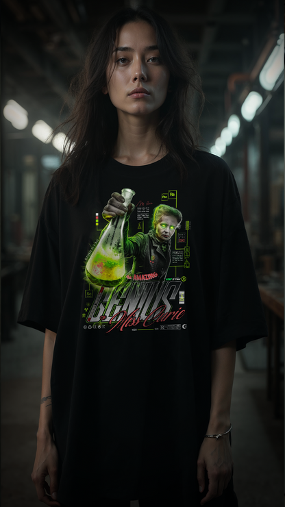 Femme aux cheveux longs portant le t-shirt noir oversize GENIUS PTN* DE T-SHIRT, graphic vintage Marie Curie au flacon vert lumineux, style streetwear dans un environnement industriel