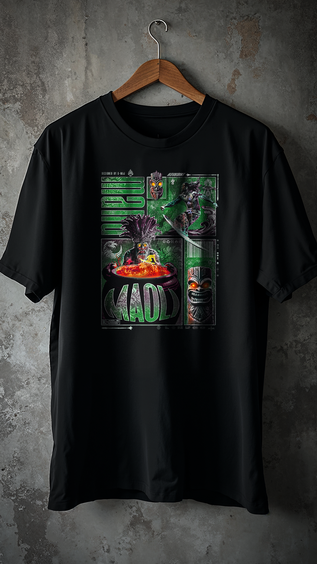 T-shirt noir oversize MAOLI design brutaliste surf hawaïen culture Maoli appropriation culturelle vague océan vert cintre coton biologique PTN DE T-SHIRT