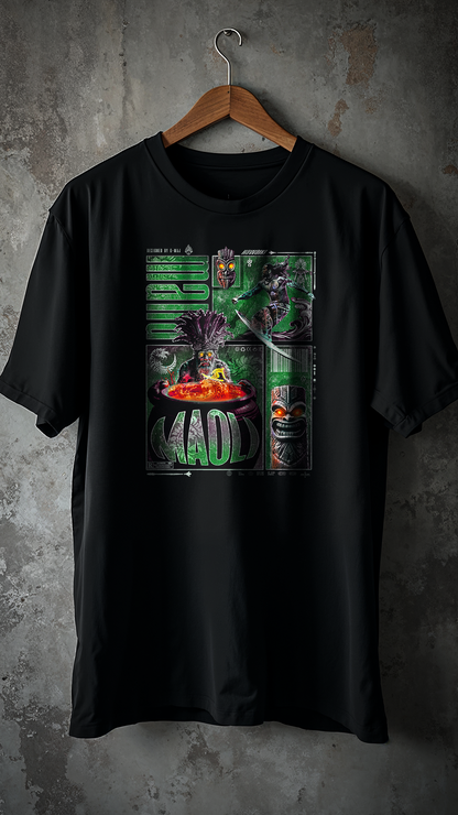 T-shirt noir oversize MAOLI design brutaliste surf hawaïen culture Maoli appropriation culturelle vague océan vert cintre coton biologique PTN DE T-SHIRT