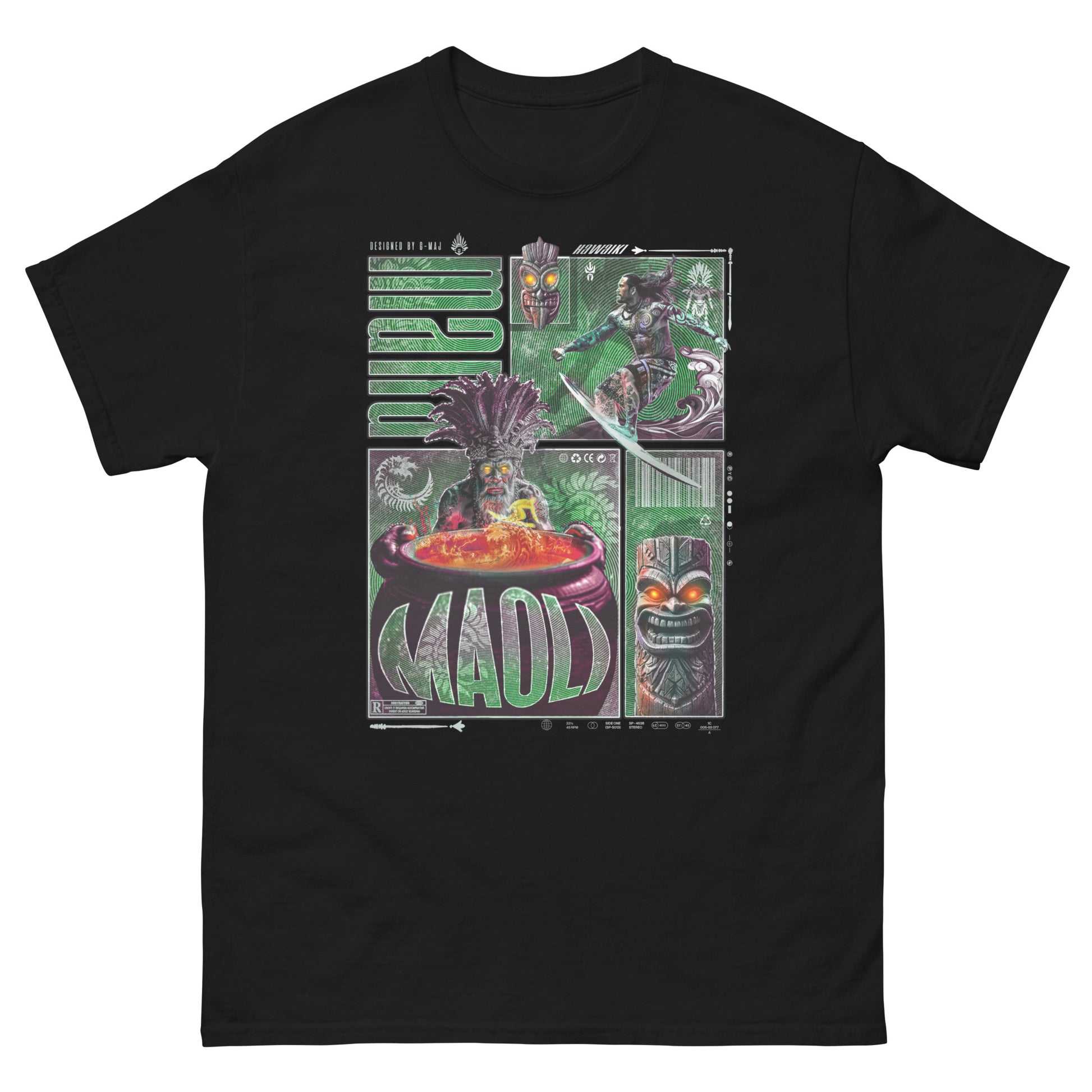 T-shirt noir oversize MAOLI porté design brutaliste surf Hawaii culture Maoli hommage peuple hawaïen vague vert PTN DE T-SHIRT mockup sur fond blanc