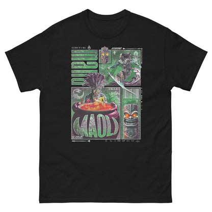T-shirt noir oversize MAOLI porté design brutaliste surf Hawaii culture Maoli hommage peuple hawaïen vague vert PTN DE T-SHIRT mockup sur fond blanc