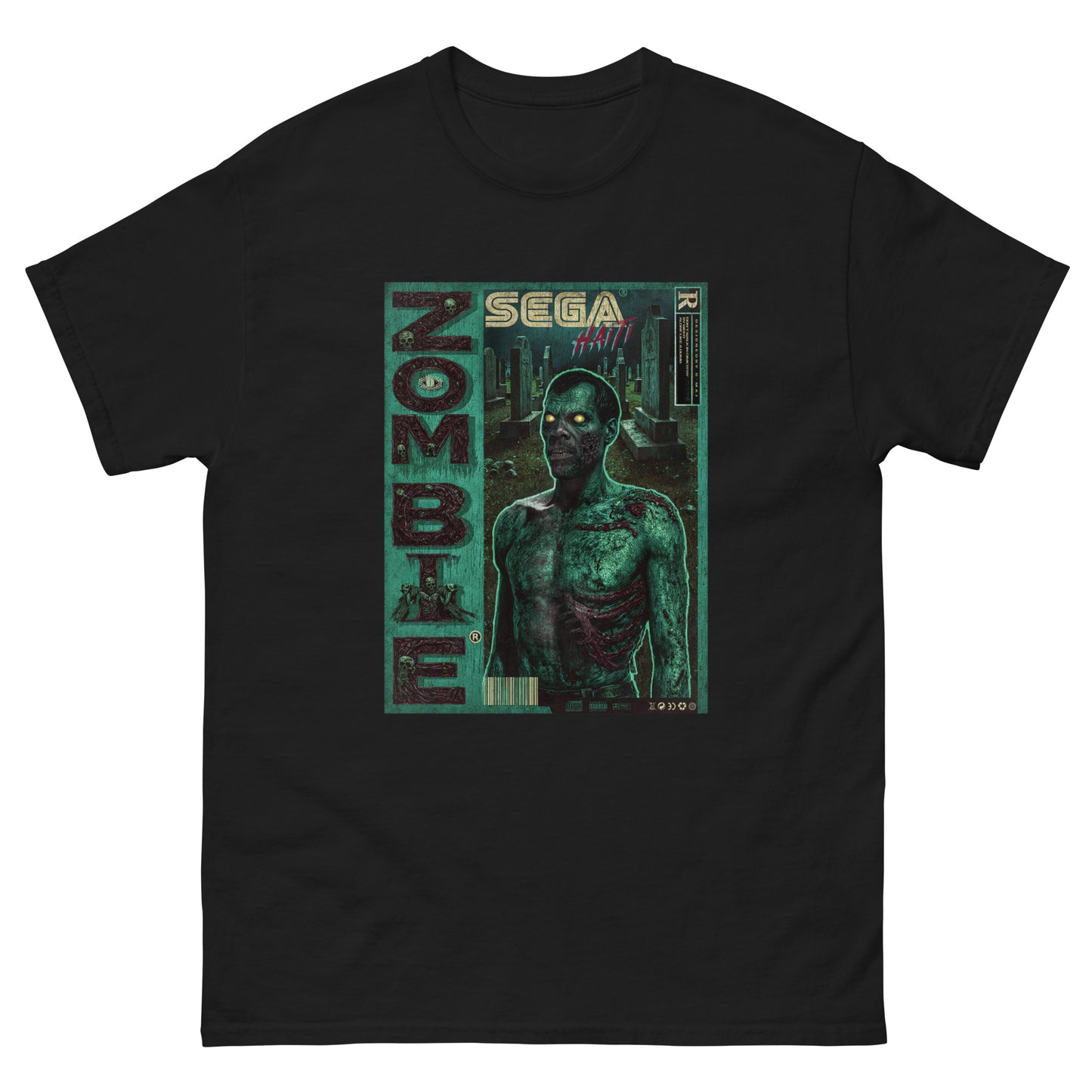 T-shirt noir de face sur fond blanc Illustration style rétro gaming inspirée des boîtes Sega : un zombie torse nu aux yeux jaunes lumineux, éclairé en néon vert, sur fond blanc. Le mot ZOMBIE s'affiche verticalement à gauche, avec le logo SEGA HAÏTI en haut au centre.