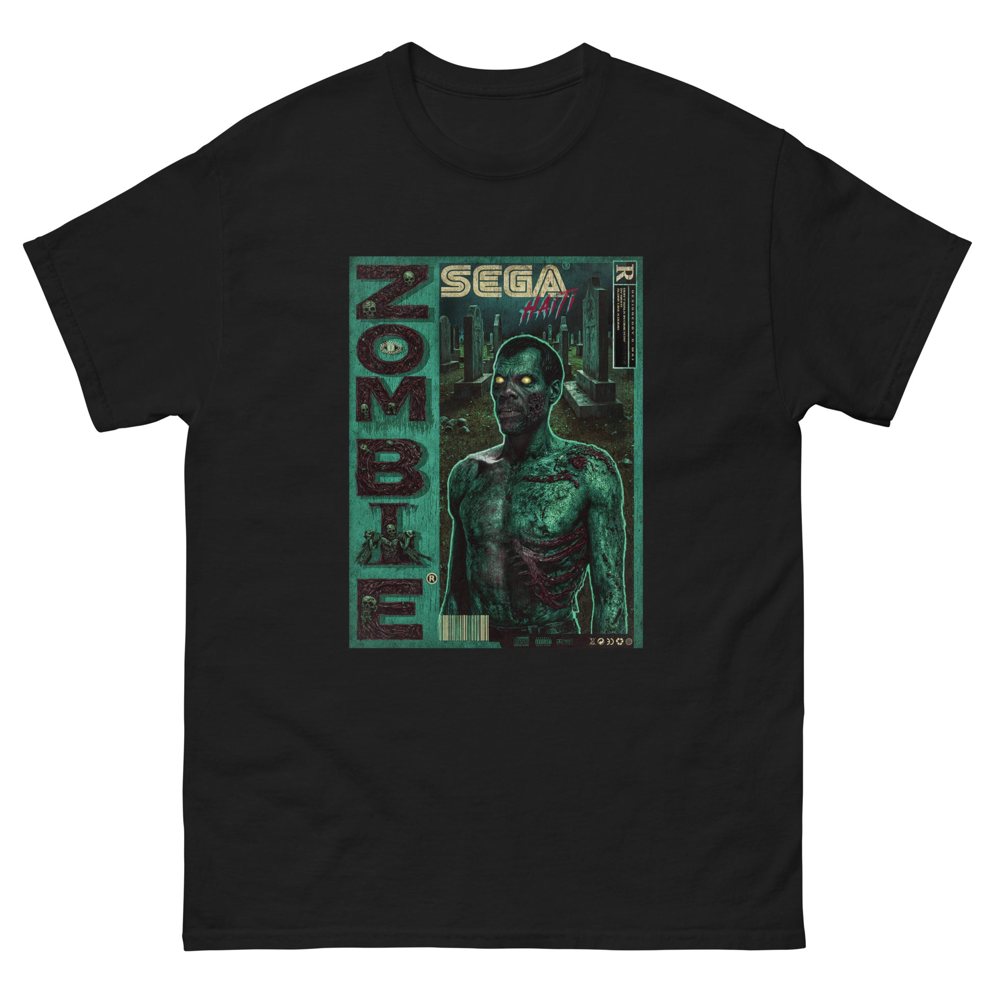 T-shirt noir de face sur fond blanc Illustration style rétro gaming inspirée des boîtes Sega : un zombie torse nu aux yeux jaunes lumineux, éclairé en néon vert, sur fond blanc. Le mot ZOMBIE s'affiche verticalement à gauche, avec le logo SEGA HAÏTI en haut au centre.