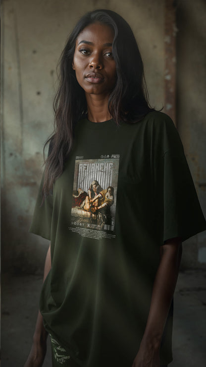  T-shirt vert sombre REVANCHE inspiré du tableau d’Artemisia Gentileschi vu de face avec graphic imprimé sur le devant, porté par femme ambiance cinématographique, style streetwear vintage, fond street bokeh