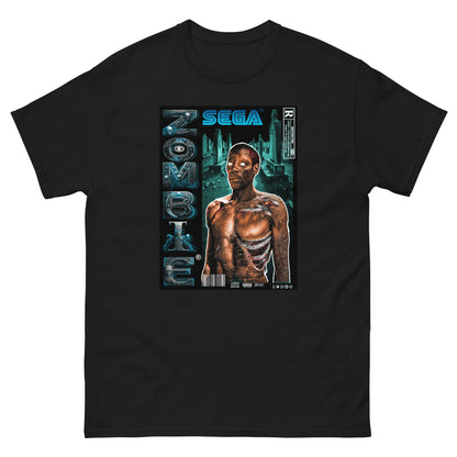 T-shirt zombi noir visuel zombi designed by g maj haiti sur fond blanc vu de face, style jeux video type sega
