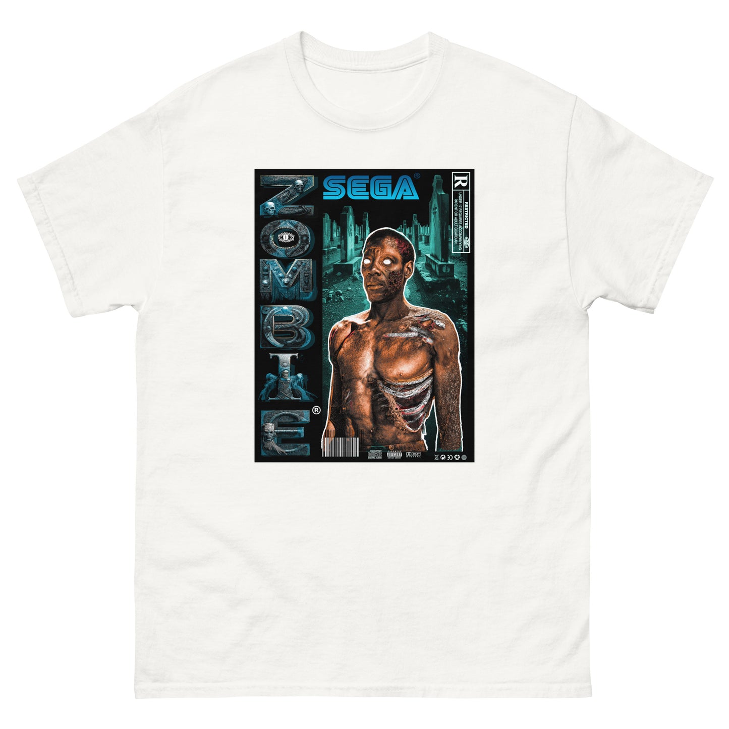 T-shirt zombi blanc visuel zombi designed by g maj haiti visuel bleu sur fond blanc vu de face, style jeux video type sega