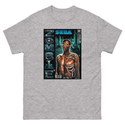 T-shirt zombi gris visuel zombi designed by g maj haiti visuel bleu sur fond blanc vu de face, style jeux video type sega