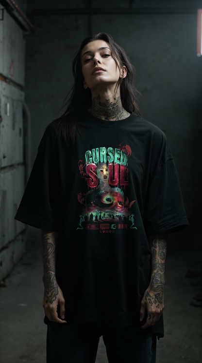 T-shirt noir oversize CURSED SOUL porté design brutaliste occulte mystère légende tableau maudit paranormal PTN DE T-SHIRT