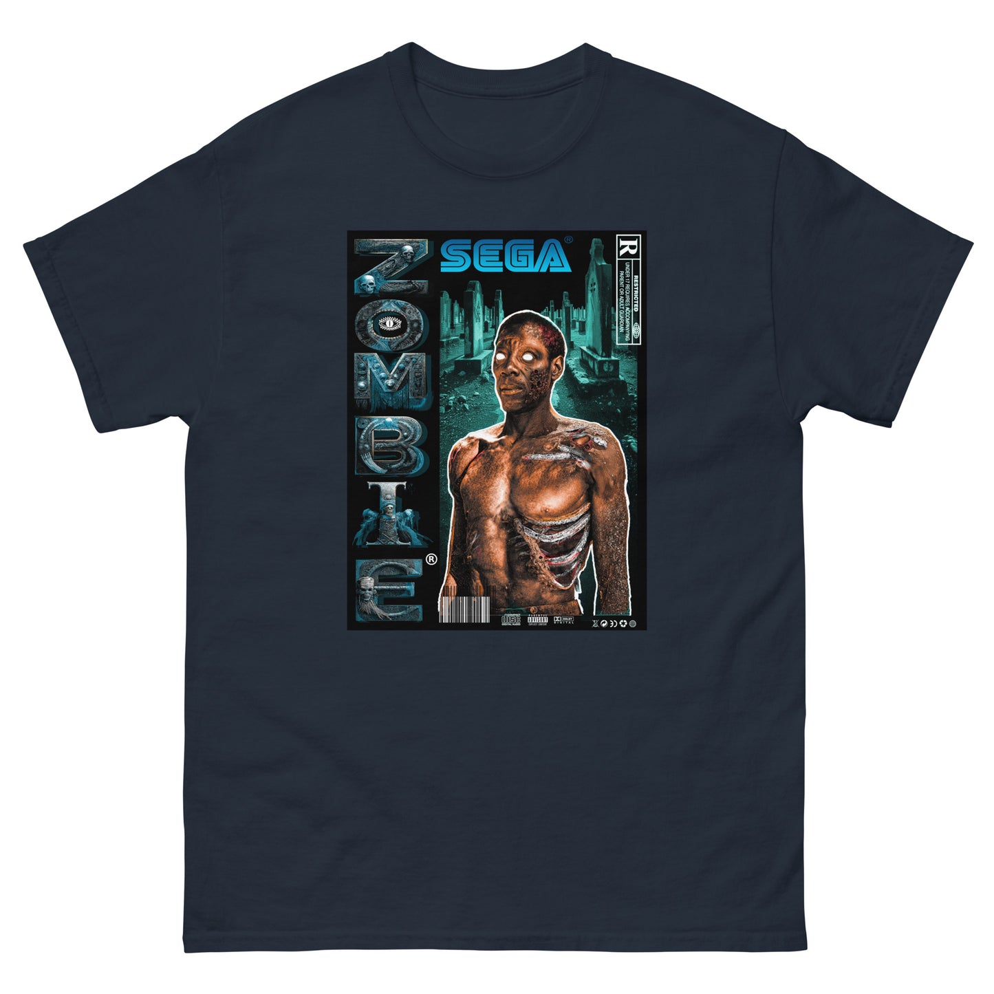 T-shirt zombi bleu navy visuel zombi designed by g maj haiti sur fond blanc vu de face, style jeux video type sega