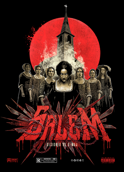 Artwork original du design Salem - Sorcières de 1692, église gothique, lune rouge, design exclusif DESIGNED BY G-MAJ pour t-shirt oversize
