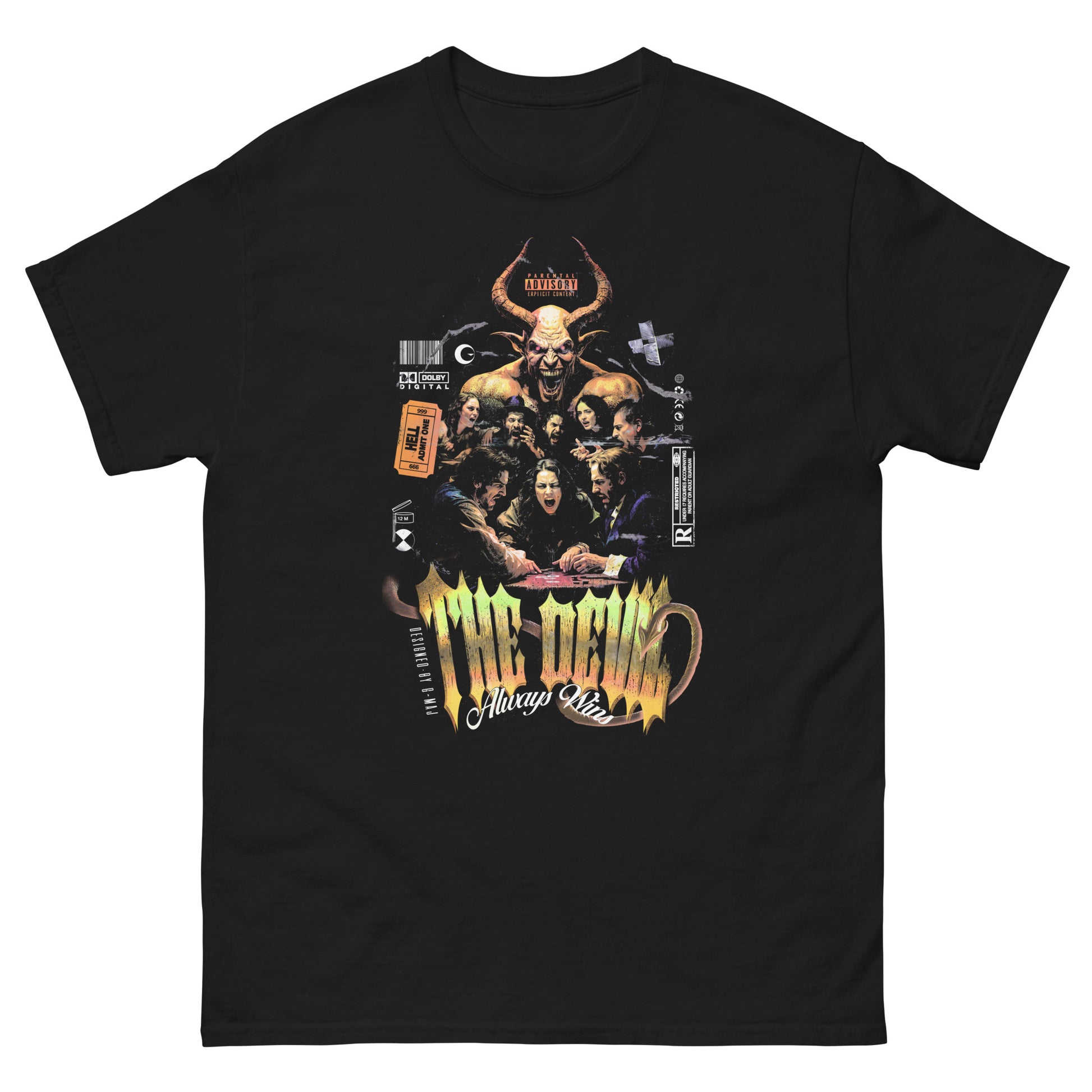 T-shirt noir The Devil Always Wins – design graphique vintage démon, vue de face, heavy metal
