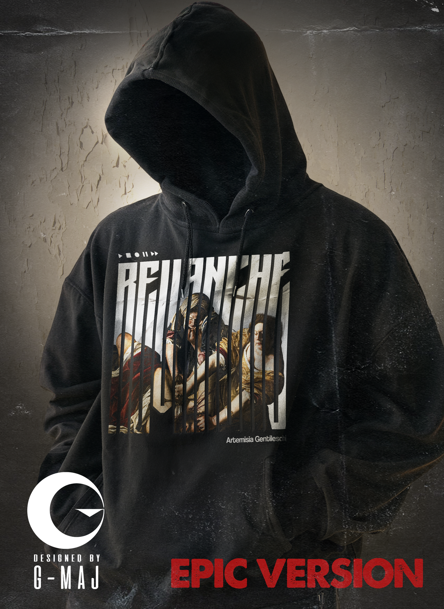 Affiche cinématographique du Hoodie Revenge Epic : silhouette encapuchonnée portant le hoodie noir REVANCHE d’Artémisia, graphic comics recto visible, mention EPIC VERSION en rouge, design G-MAJ streetwear vintage