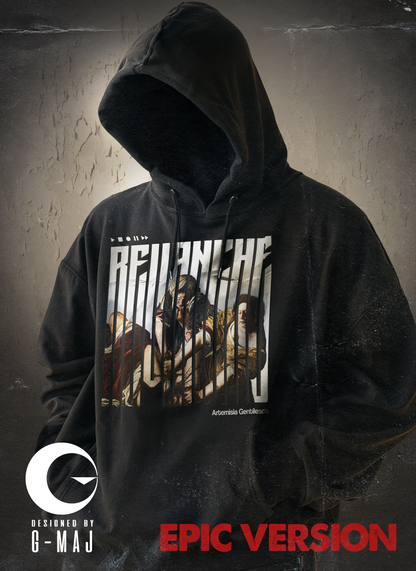 Affiche cinématographique du Hoodie Revenge Epic : silhouette encapuchonnée portant le hoodie noir REVANCHE d’Artémisia, graphic comics recto visible, mention EPIC VERSION en rouge, design G-MAJ streetwear vintage