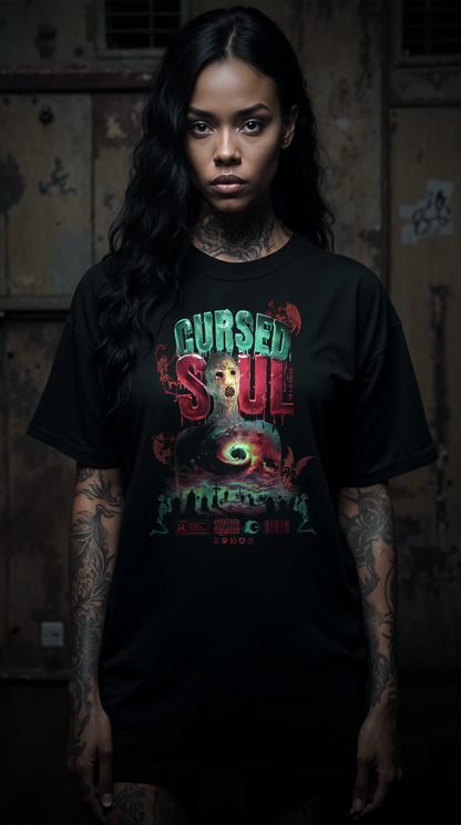 Femme tatouée portant le t-shirt noir oversize Cursed Soul - design gothique streetwear vintage avec créature mystique, unisexe