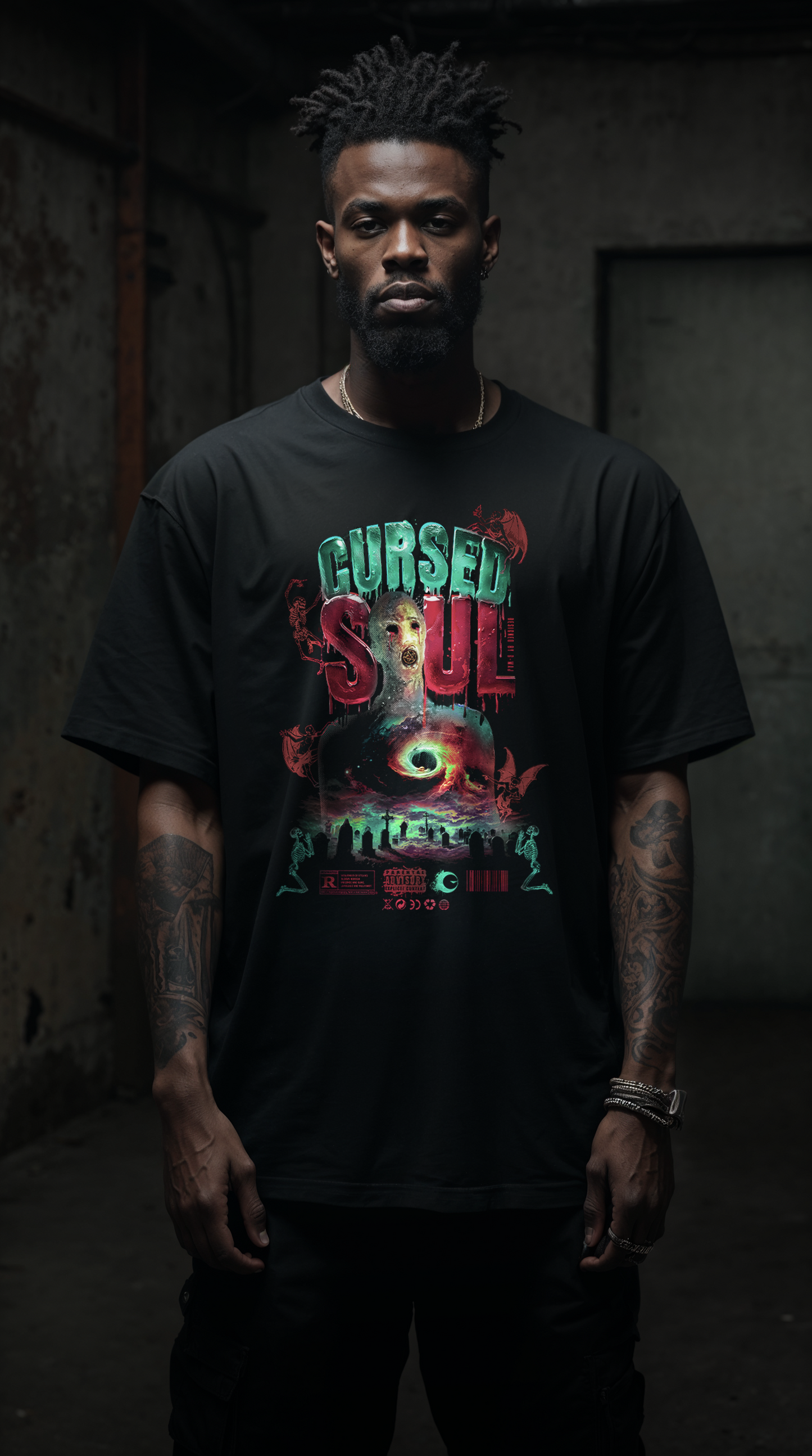 homme tatouée portant le t-shirt noir oversize Cursed Soul - design gothique streetwear vintage avec créature mystique, unisexe