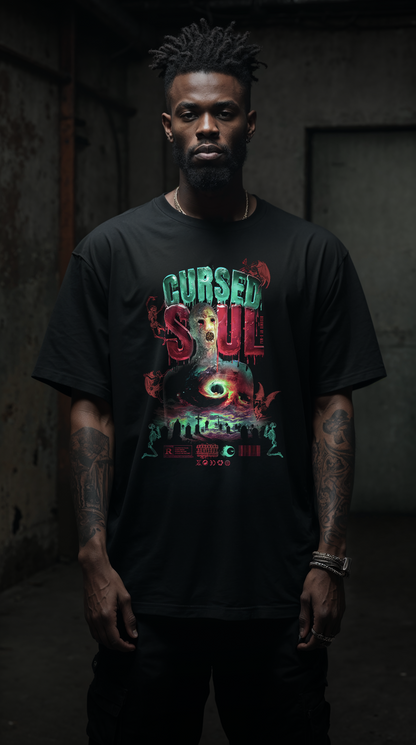 homme tatouée portant le t-shirt noir oversize Cursed Soul - design gothique streetwear vintage avec créature mystique, unisexe