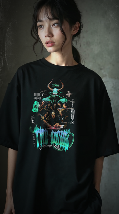 Femme portant le t-shirt noir oversize Devil Cyan Blue - design heavy metal vintage diable cyan, coupe unisexe