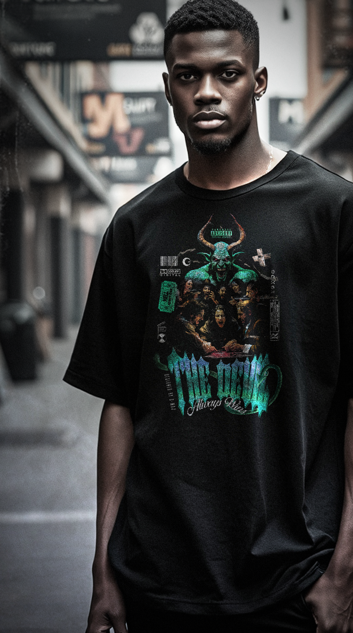 Homme portant le t-shirt noir oversize Devil Cyan Blue en milieu urbain - design heavy metal vintage diable cyan, coupe unisexe