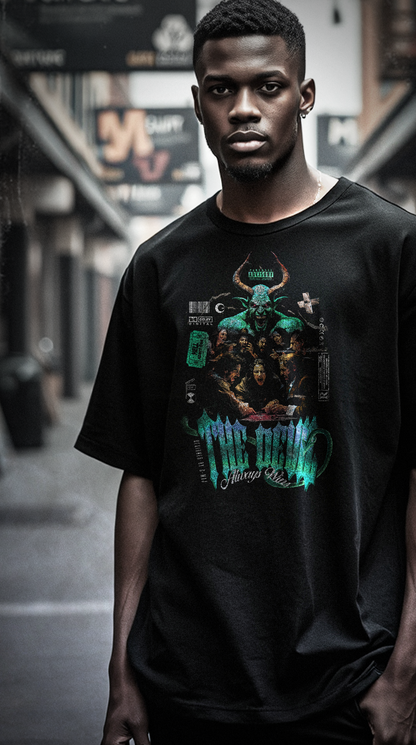 Homme portant le t-shirt noir oversize Devil Cyan Blue en milieu urbain - design heavy metal vintage diable cyan, coupe unisexe