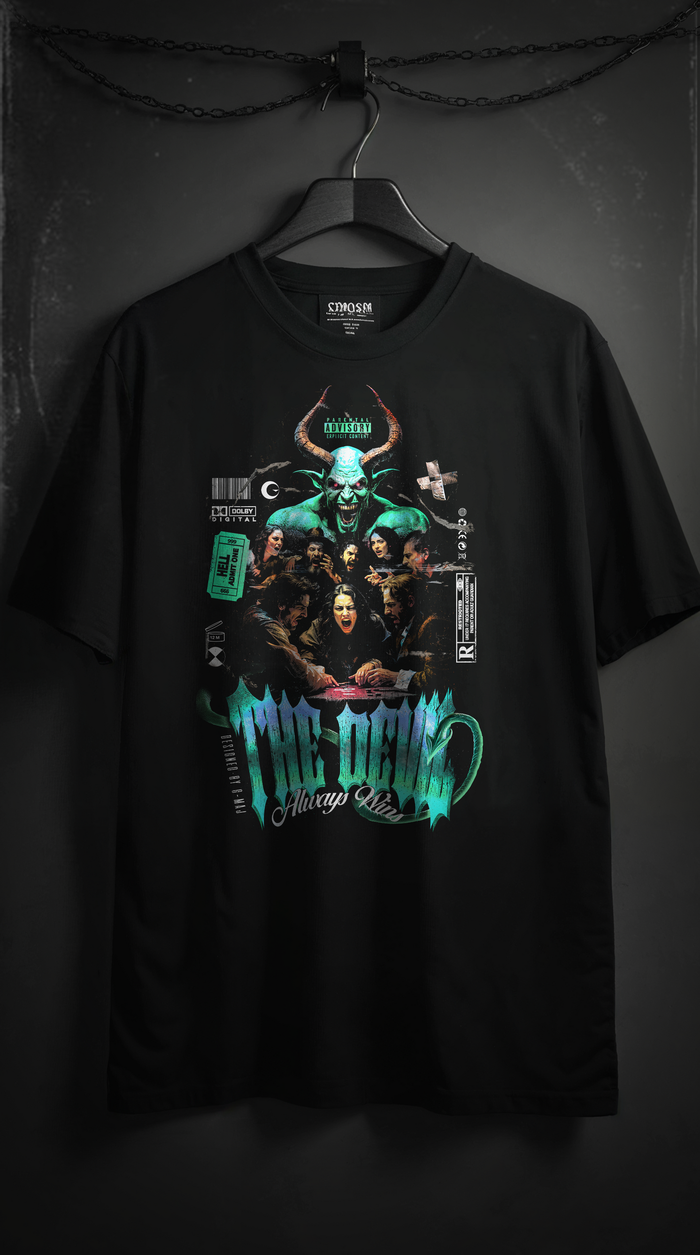 T-shirt noir oversize Devil Cyan Blue sur cintre - design heavy metal vintage diable cyan, coupe unisexe