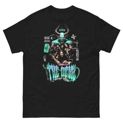 Mockup t-shirt noir unisexe vue de face Devil Cyan Blue - design heavy metal vintage diable cyan, fond blanc