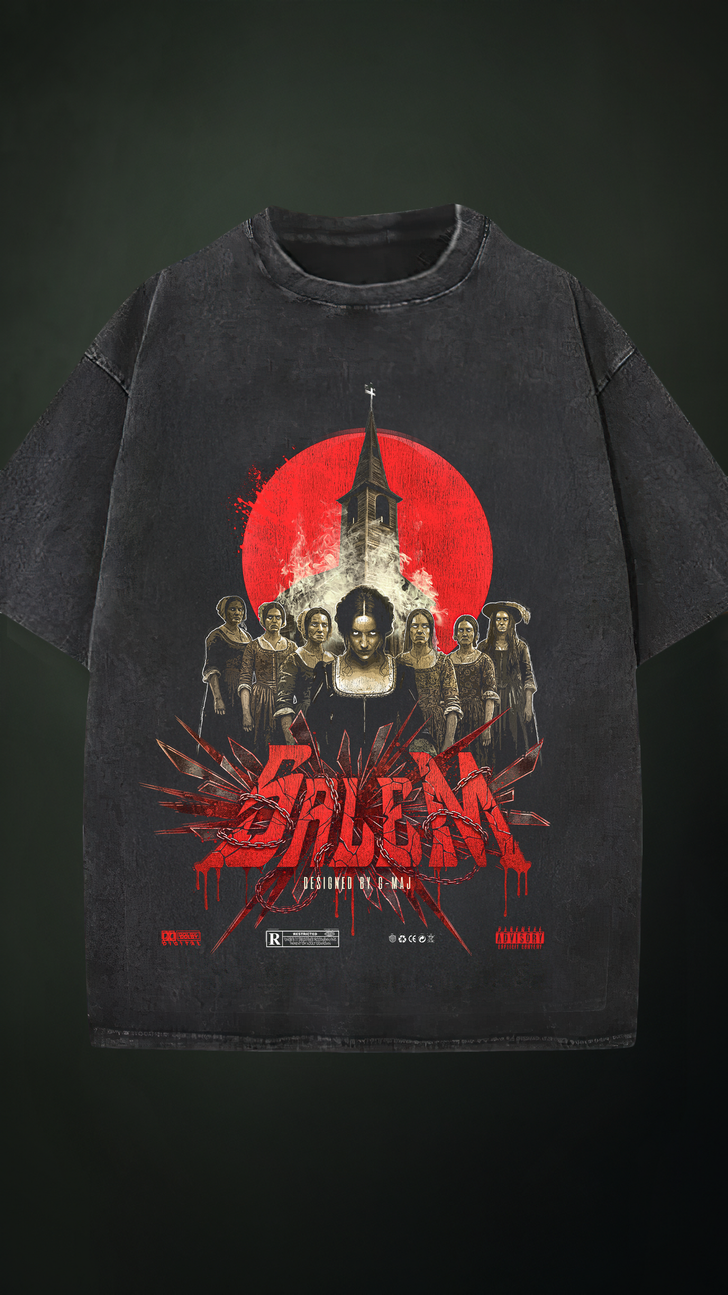 T-shirt oversize noir Salem - Design sorcières de 1692 avec lune rouge et église gothique, coupe oversize unisexe grunge 260g