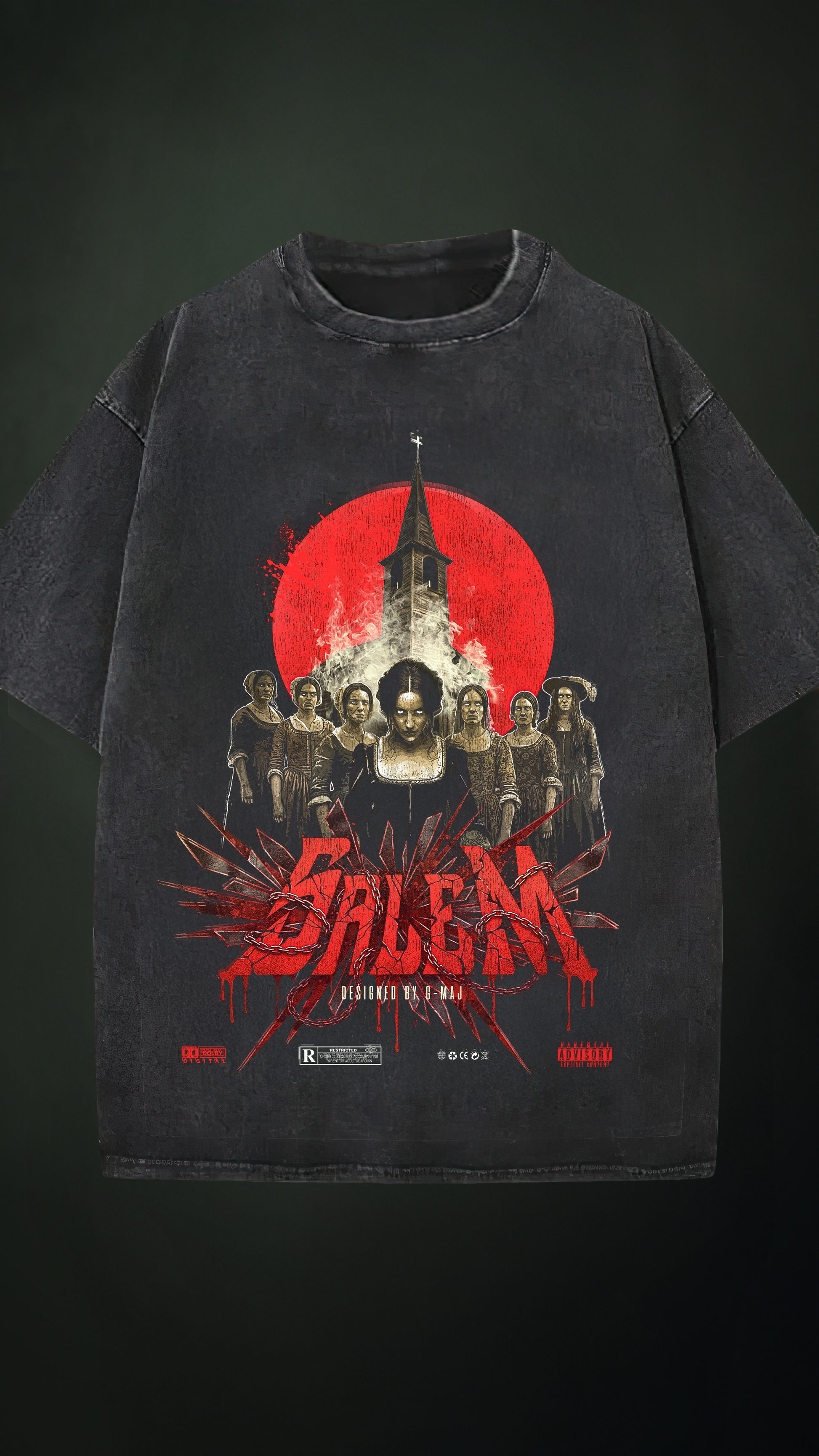 T-shirt oversize noir Salem - Design sorcières de 1692 avec lune rouge et église gothique, coupe oversize unisexe grunge 260g