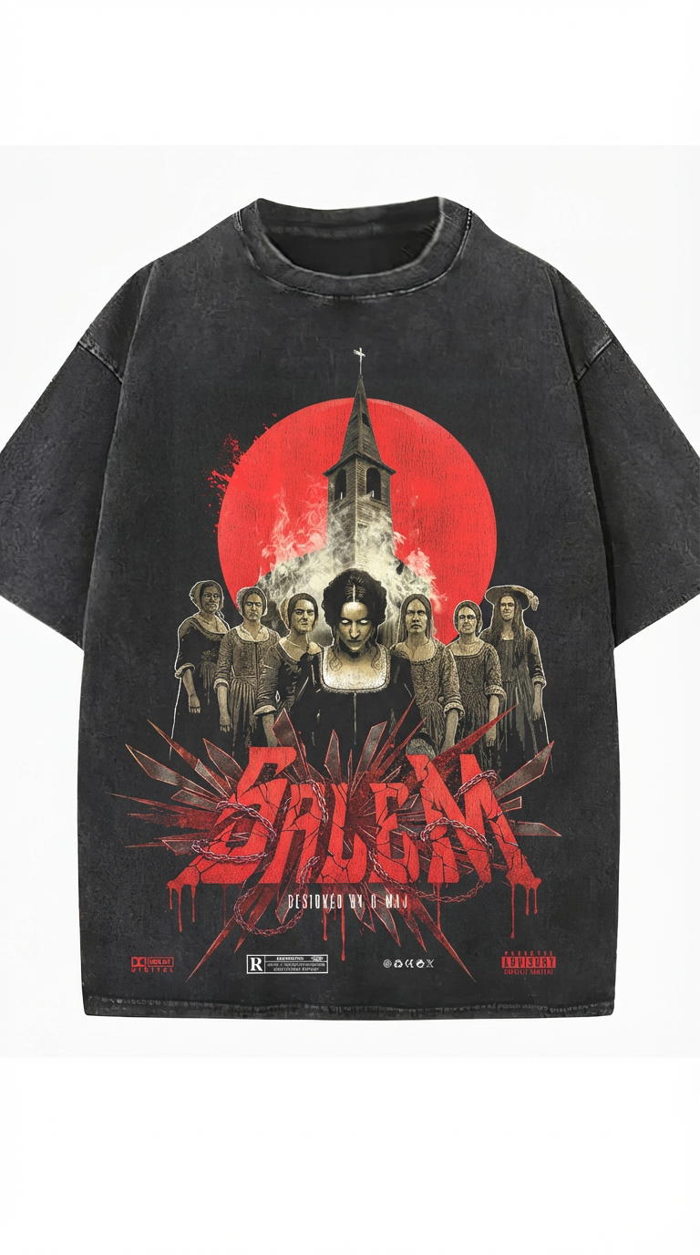T-shirt oversize Salem sur fond blanc - Vue face du design sorcières de 1692, coton grunge snow wash 260g, coupe oversize