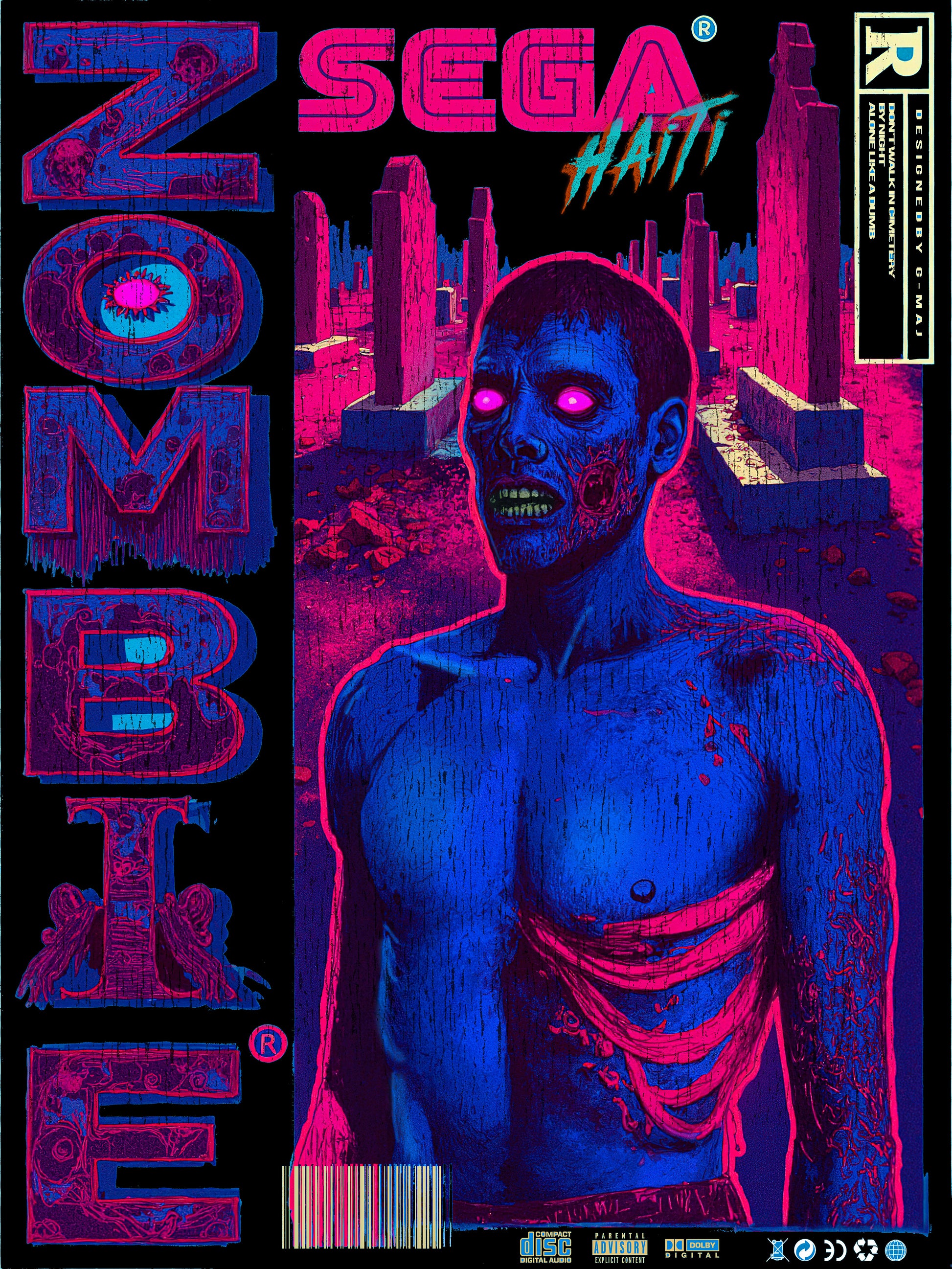 Illustration style rétro gaming inspirée des boîtes Sega : un zombie torse nu aux yeux roses lumineux, éclairé en néon bleu et rose, sur fond urbain sombre. Le mot ZOMBIE s'affiche verticalement à gauche, avec le logo SEGA HAÏTI en haut au centre.