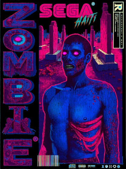 Illustration style rétro gaming inspirée des boîtes Sega : un zombie torse nu aux yeux roses lumineux, éclairé en néon bleu et rose, sur fond urbain sombre. Le mot ZOMBIE s'affiche verticalement à gauche, avec le logo SEGA HAÏTI en haut au centre.