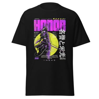 T-shirt noir HONOR Purple vue face mockup avec graphic Yasuke, premier samouraï noir de l’histoire, en armure japonaise violet et soleil jaune-vert, idéogrammes japonais, fond blanc